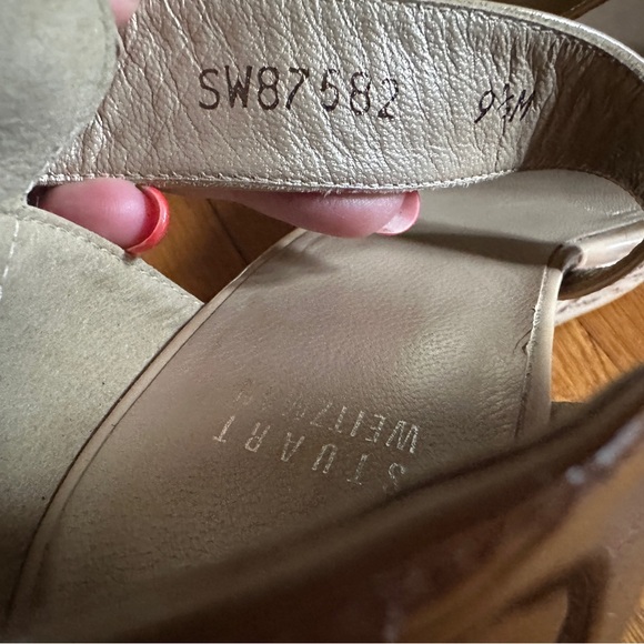 Stuart Weitzman Oneliner Light Nude Patent Leather Cork Wedge Sandals, Size 9.5 - Picture 6 of 8